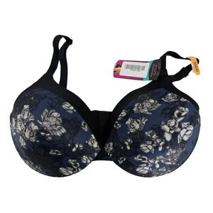 36DD Maidenform Full Coverage Cushioned Underwire Bra 09436, Black/Navy Blossoms